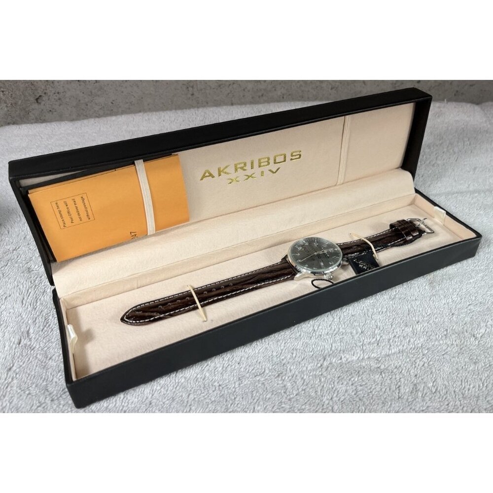 Akribos XXIV Men’s Retro Black Dial Watch w/ Date Window Leather Strap AK715SSB